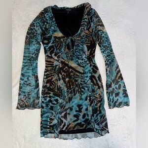 Boohoo Teal Animal Print Ruffle Long-Sleeve Dress size 6-Small